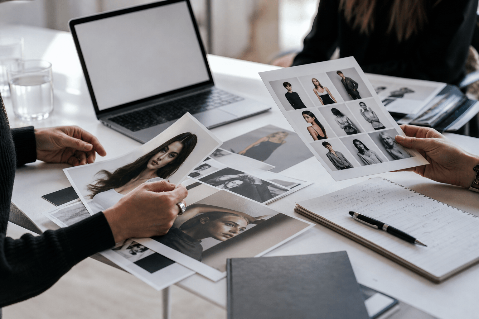 Portfolio materials reviewed on a casting studio table
