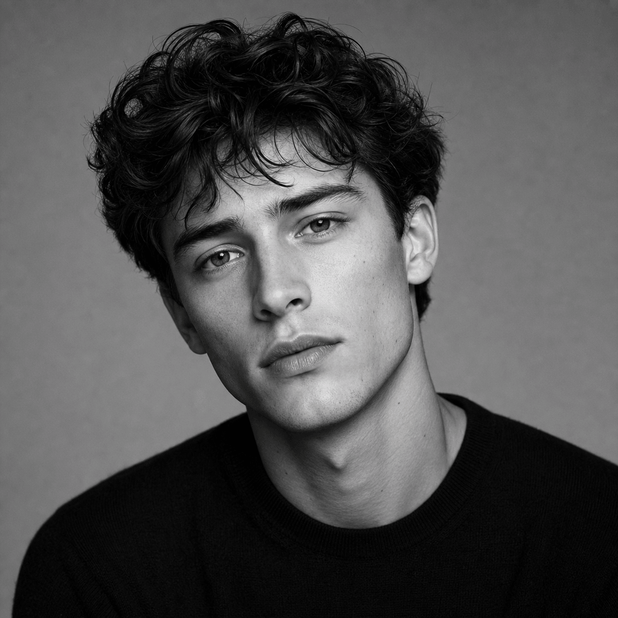 Black and white casting headshot of a male rising talent