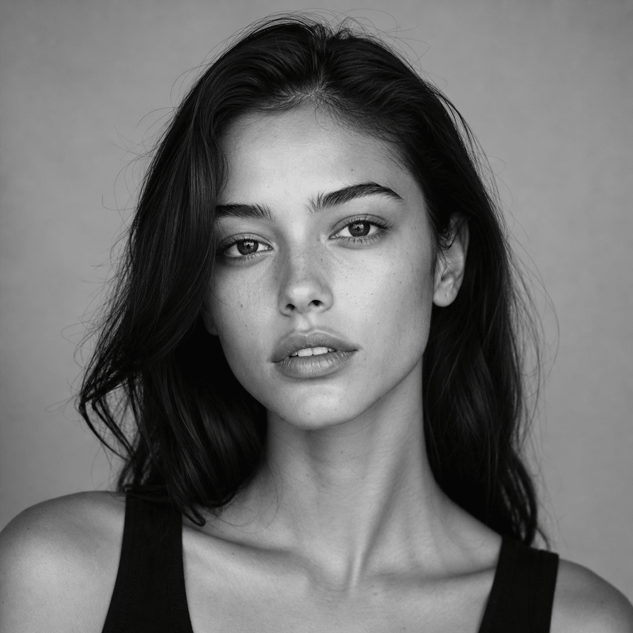 Black and white casting headshot of a female rising talent