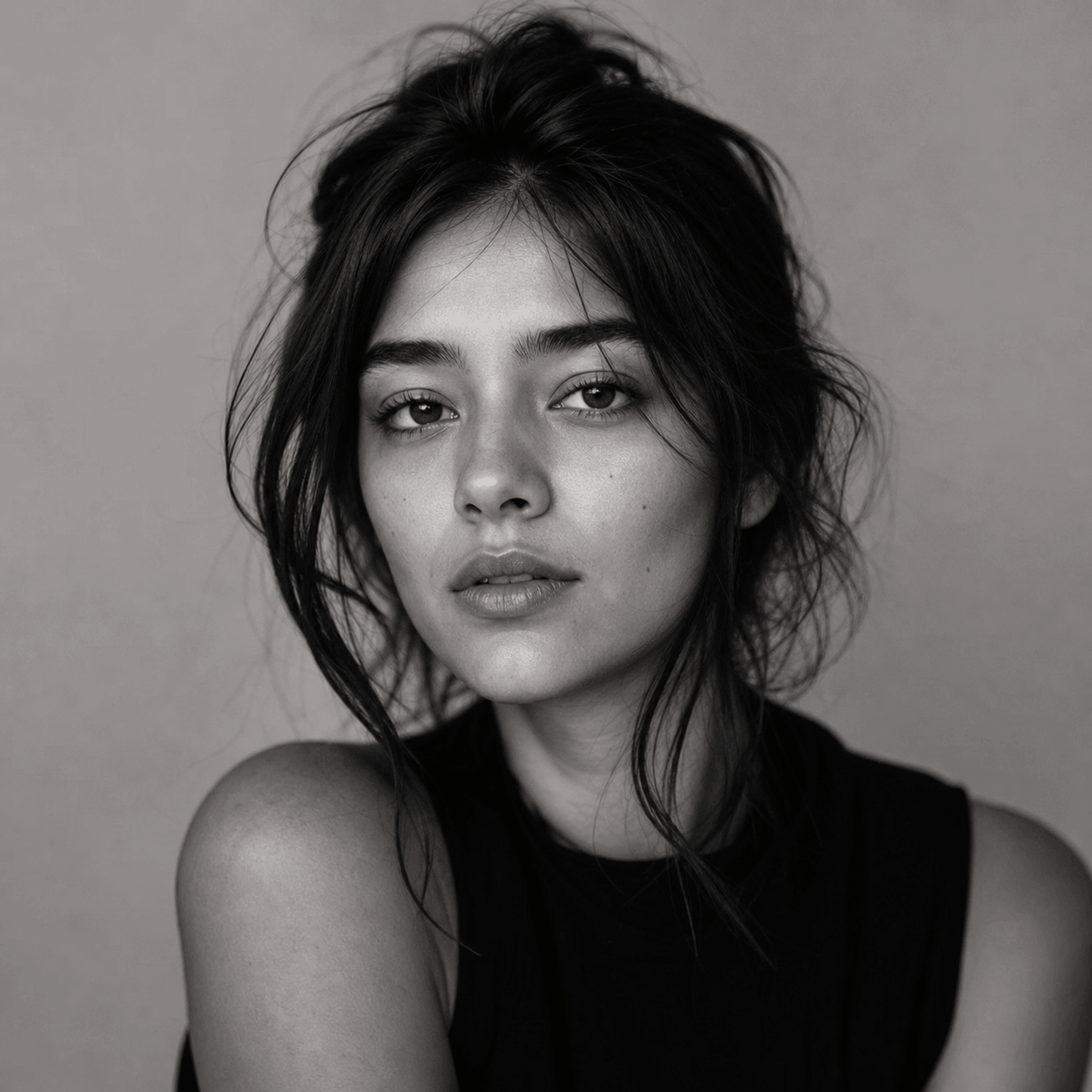 Black and white editorial headshot of a rising creator