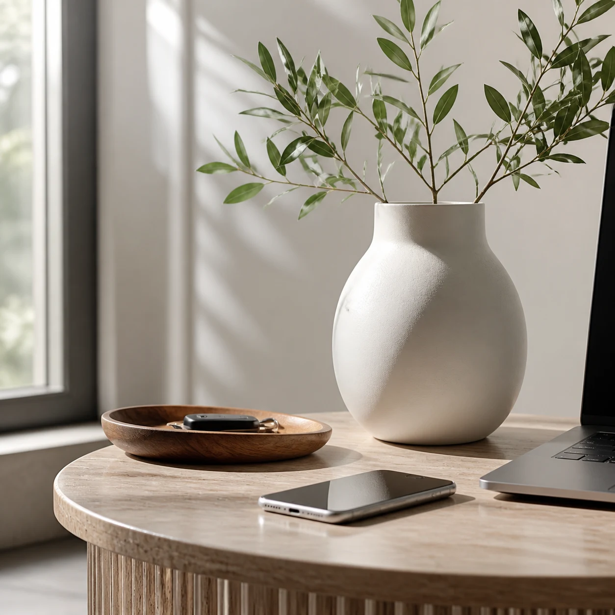Sunlit table with device and vase for account security