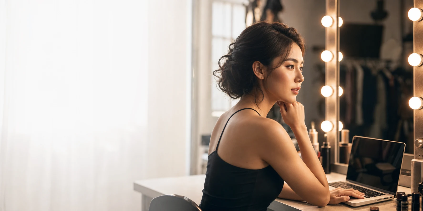 Olivia Chen in a backstage makeup room setting preferences
