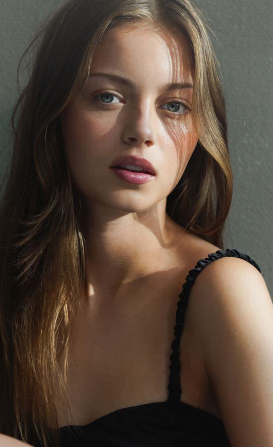 Black and white editorial closeup of Aria Monroe