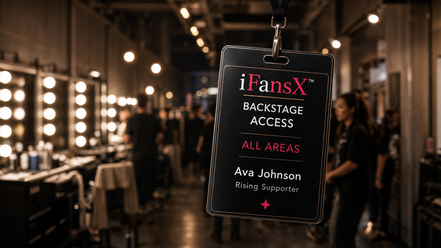 iFansX backstage access badge hanging in a backstage corridor